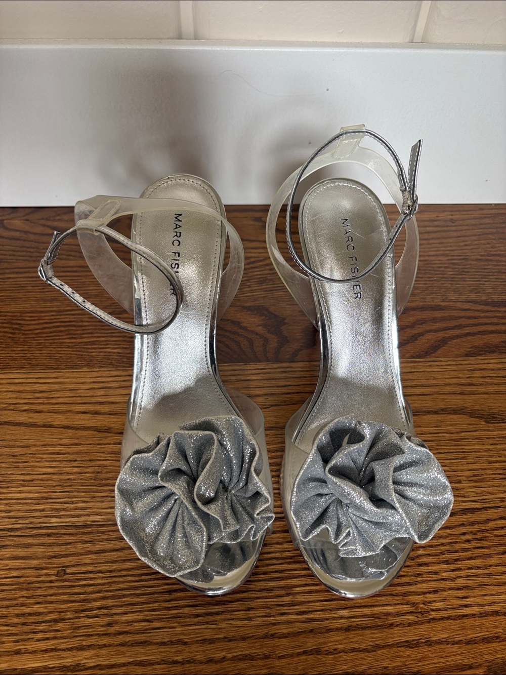 Marc Fisher Silver Ruffle-Flower Ankle-Strap Heels - Picture 3 of 7